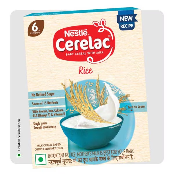 Nestle Cerelac Rice baby cereal packaging with a bowl of cereal and wheat grains.