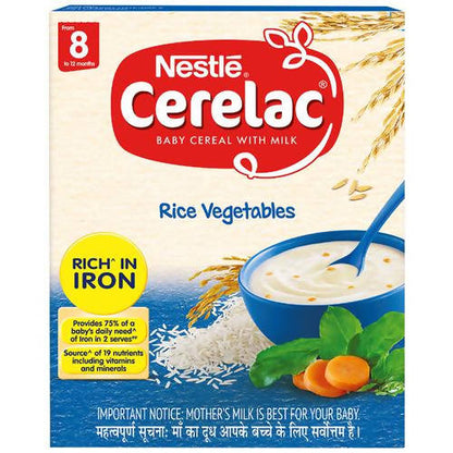 Nestle Cerelac Rice Vegetables baby cereal packaging with a bowl of cereal and vegetables on a white background.