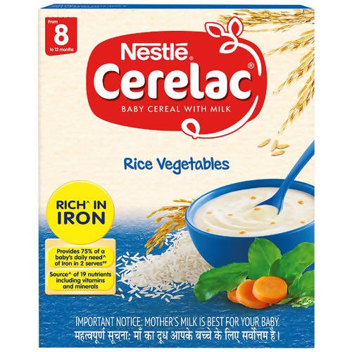 Nestle Cerelac Rice Vegetables baby cereal packaging with a bowl of cereal and vegetables on a white background.