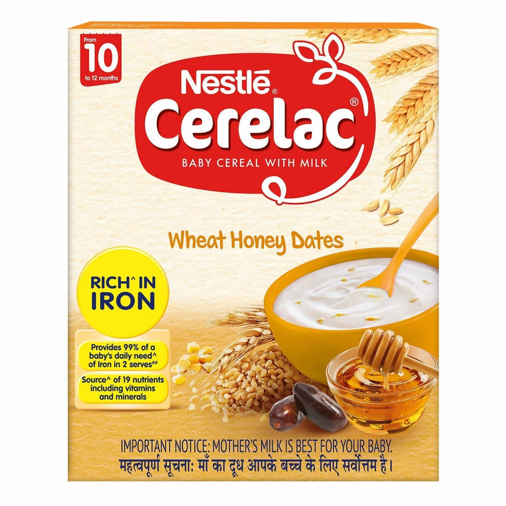 Nestle Cerelac baby cereal with milk packaging featuring wheat, honey, and dates.