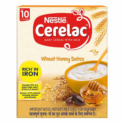 Nestle Cerelac baby cereal with milk packaging featuring wheat, honey, and dates.