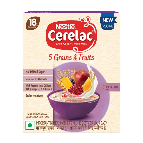 Nestle Cerelac 5 Grains & Fruits baby cereal packaging on a beige background