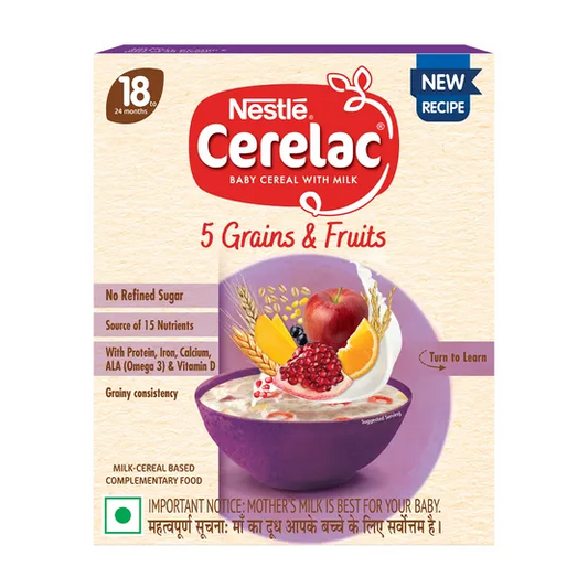 Nestle Cerelac 5 Grains & Fruits baby cereal packaging on a beige background
