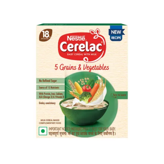 Nestle Cerelac 5 Grains & Vegetables baby cereal packaging on a white background