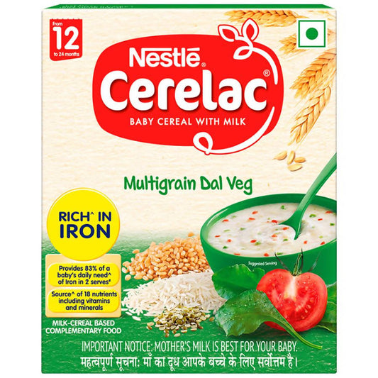 Nestle Cerelac Multigrain Dal Veg baby cereal packaging on a white background