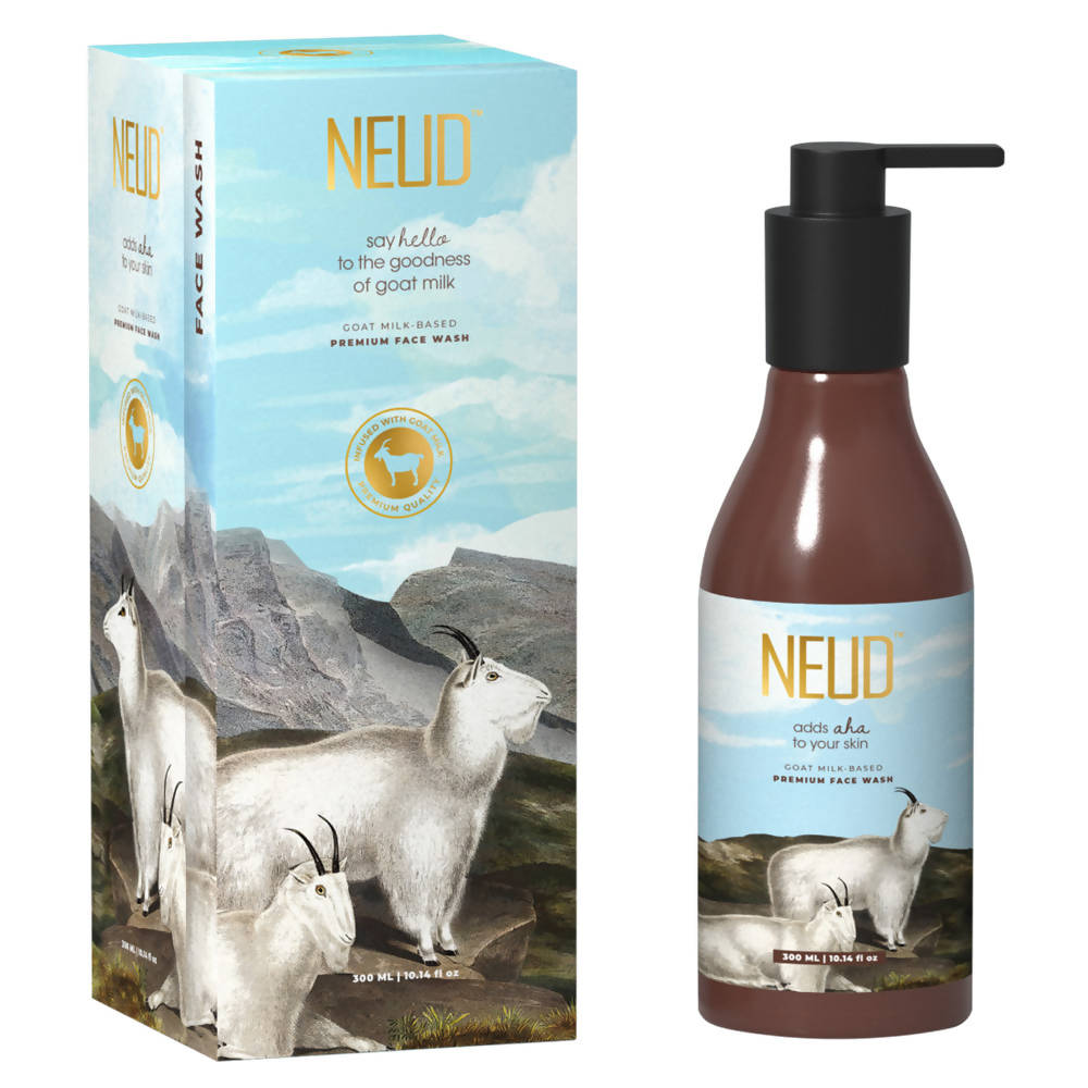NEUD goat milk face wash packaging with mountain and goat illustration