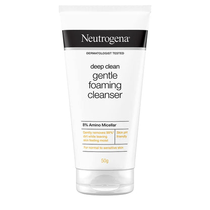 Neutrogena deep clean gentle foaming cleanser tube on a white background