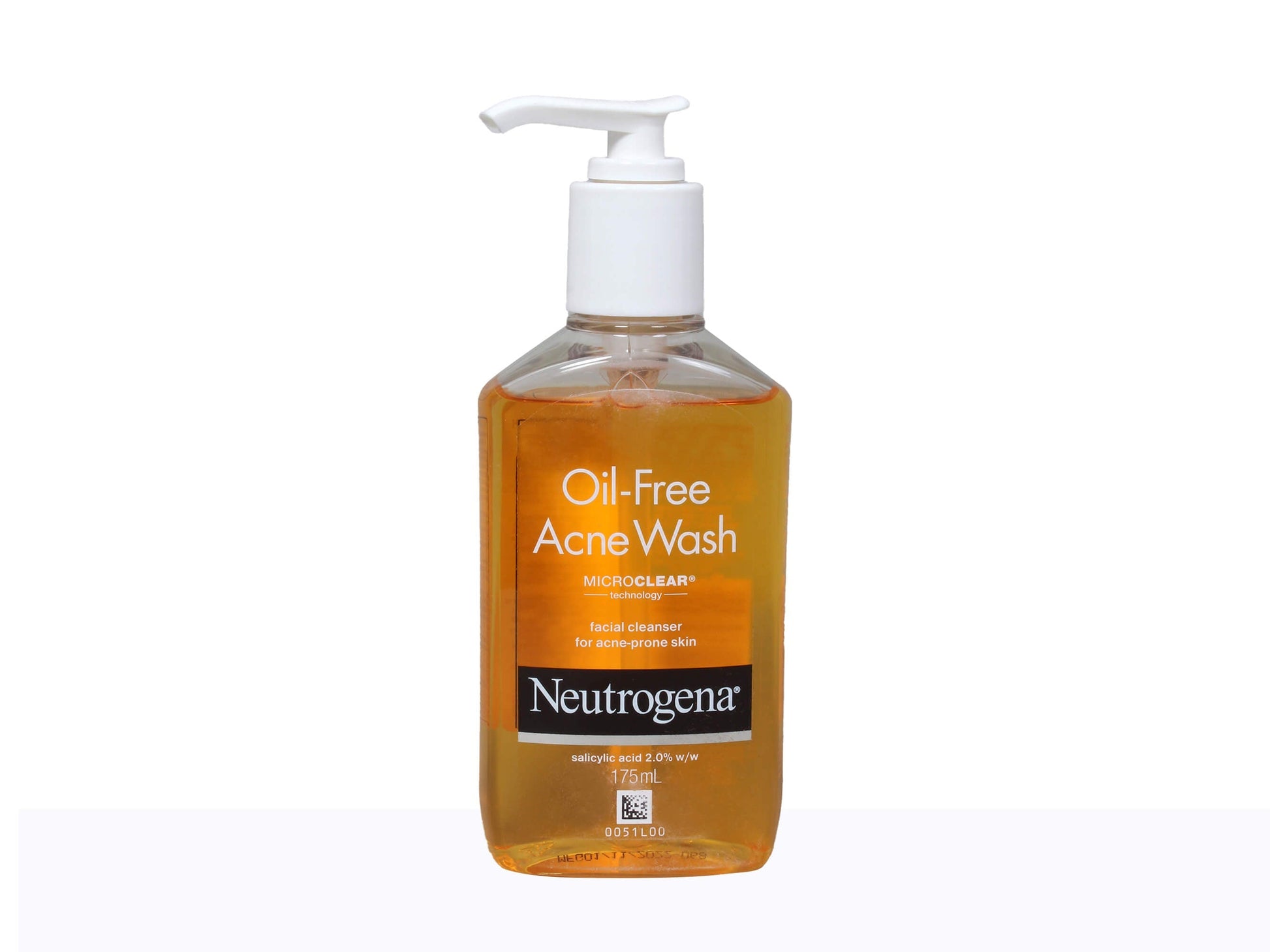 Neutrogena oil-free acne wash bottle on a white background