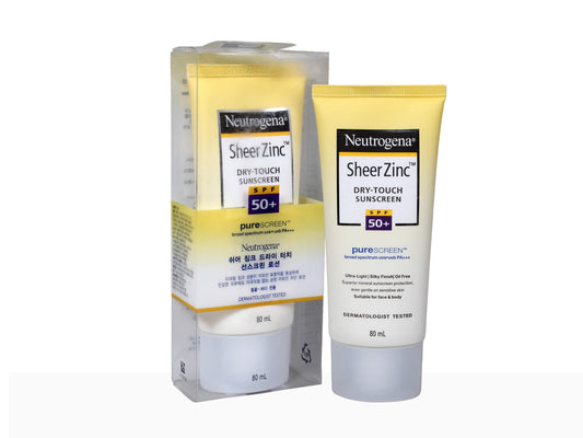 Neutrogena Sheer Zinc dry-touch sunscreen with packaging on a white background