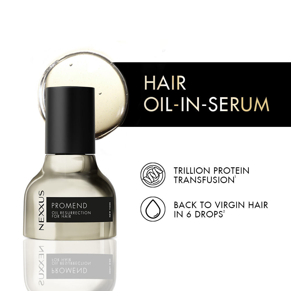Nexxus Promend hair oil-in-serum bottle with product features on a white background