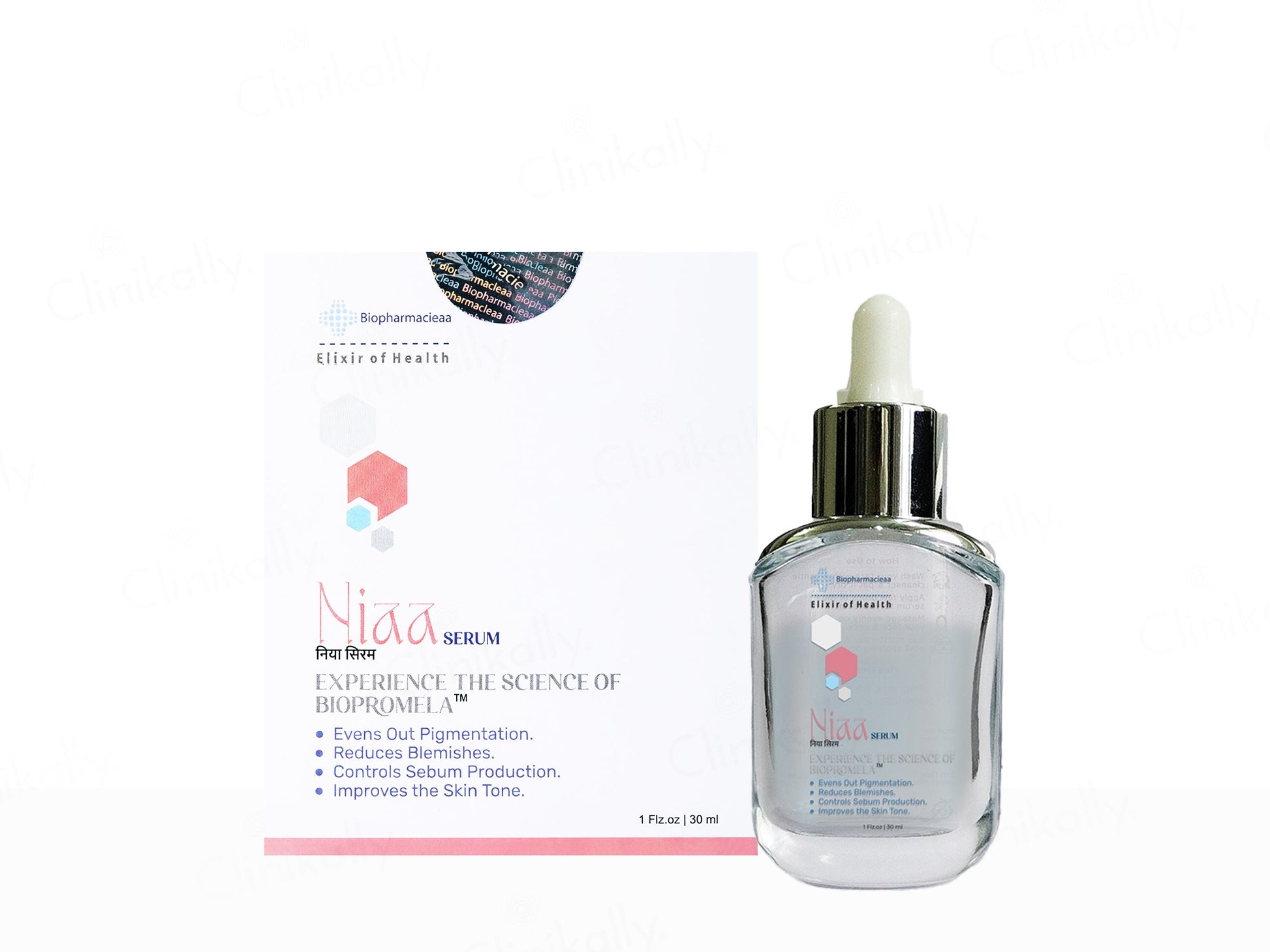 Nija Serum bottle with dropper and packaging on a white background