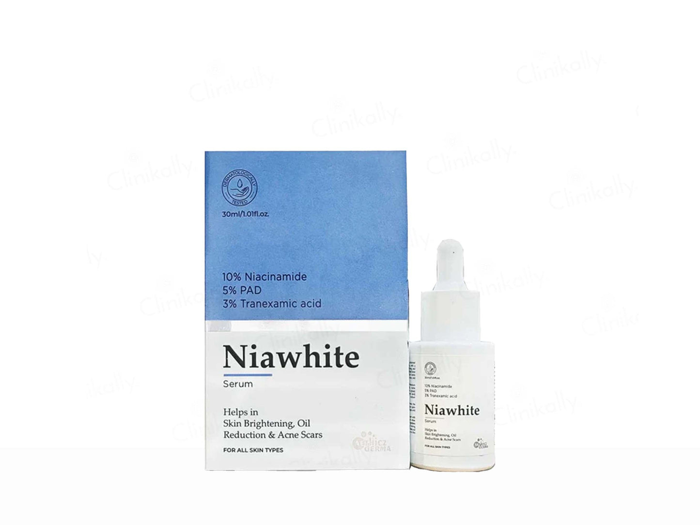 Niawhite serum packaging with dropper bottle on a white background