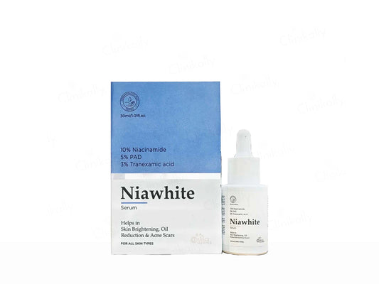 Niawhite serum packaging with dropper bottle on a white background