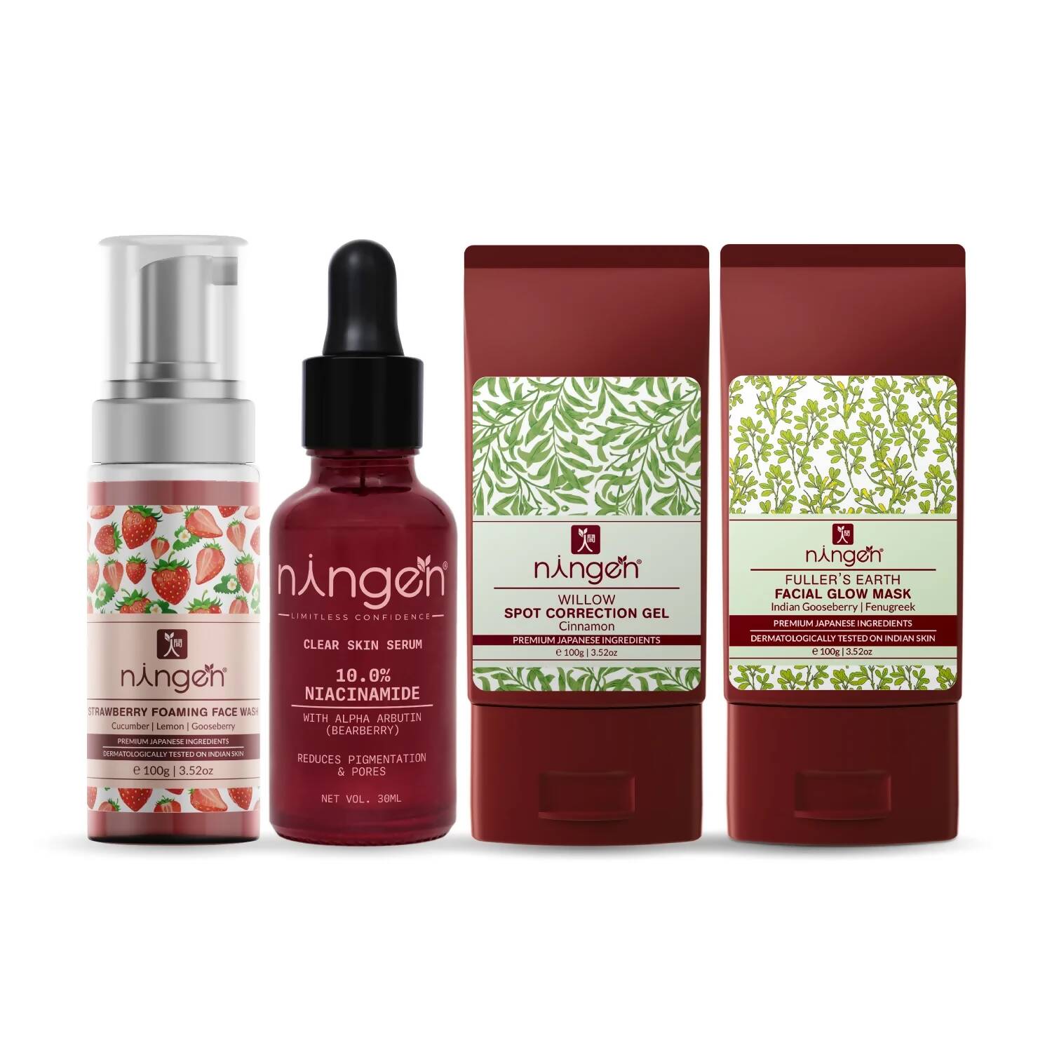 Set of Ningen skincare products including a foam face wash, serum, gel, and mask on a white background.