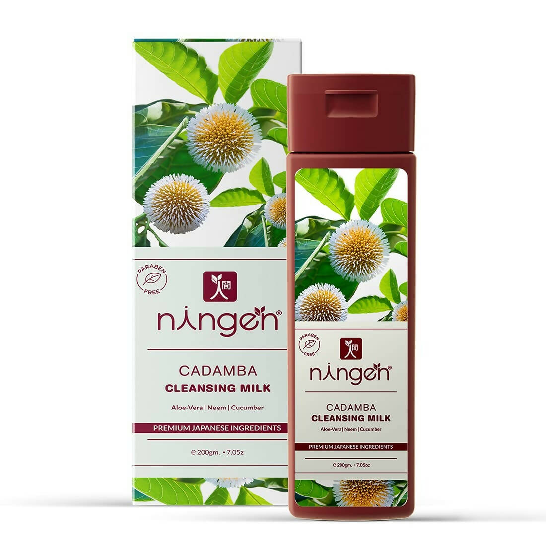 Ningen Cadamba Cleansing Milk packaging with green leaf design on a white background