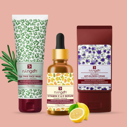 Nángen skincare products including face wash, serum, and cream on a pink background