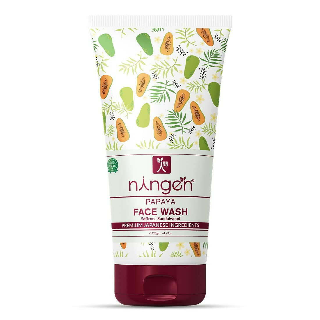 Ningen Papaya Face Wash tube with papaya and leaf pattern on a white background