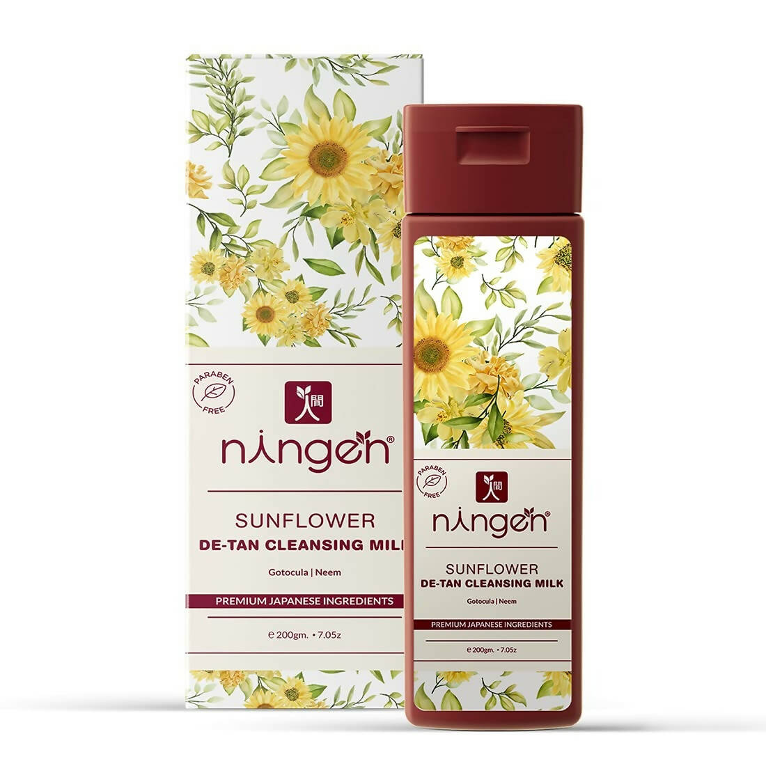 Ningen Sunflower De-Tan Cleansing Milk bottle and packaging with floral design on a white background