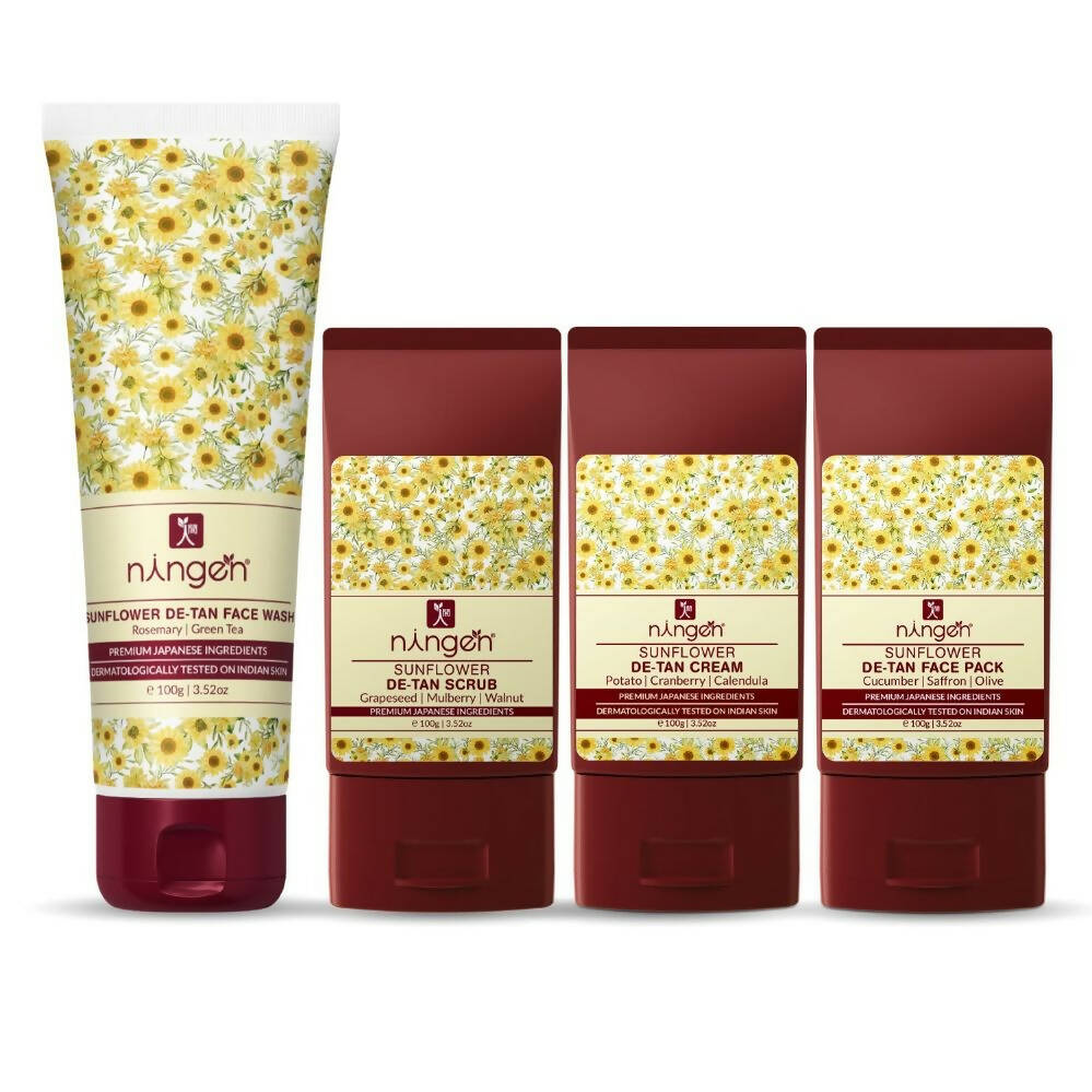 Set of n'anga sunflower de-tan skincare products on a white background