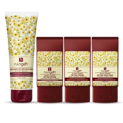 Set of n'anga sunflower de-tan skincare products on a white background