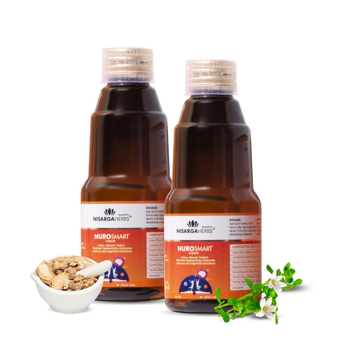Two bottles of Nsarga Herbs NuroSmart syrup with a bowl of nuts and herbs on a white background.