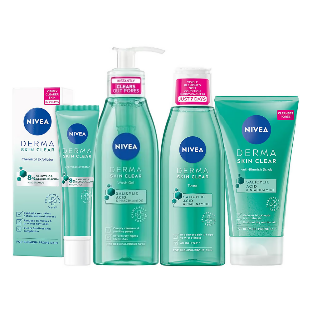 Nivea Derma Skin Clear skincare products on a white background
