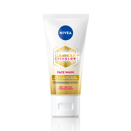 Nivea Luminous Even Glow face wash tube on a white background