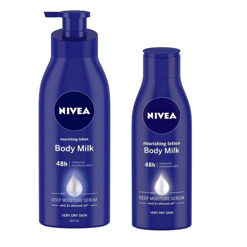 Two bottles of Nivea Body Milk on a white background