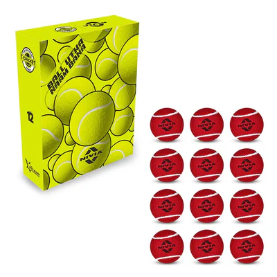 Yellow box of tennis balls with red training balls on a white background