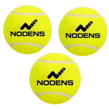 Three yellow tennis balls with Nodens logo on a white background