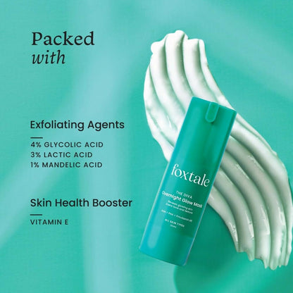 Foxtale Over Night Glow Mask For Glowing Skin, 4% Glycolic Acid & 3% Lactic Acid, Reduces Blackheads and Whiteheads