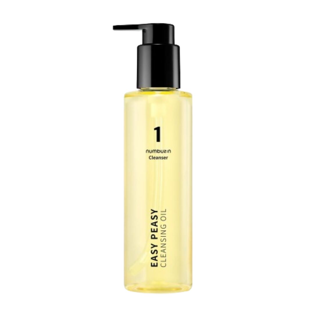 Yellow bottle of Easy Peasy cleansing oil with pump on a white background