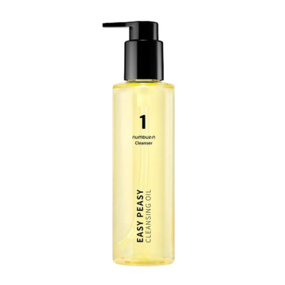 Yellow bottle of Easy Peasy cleansing oil with pump on a white background