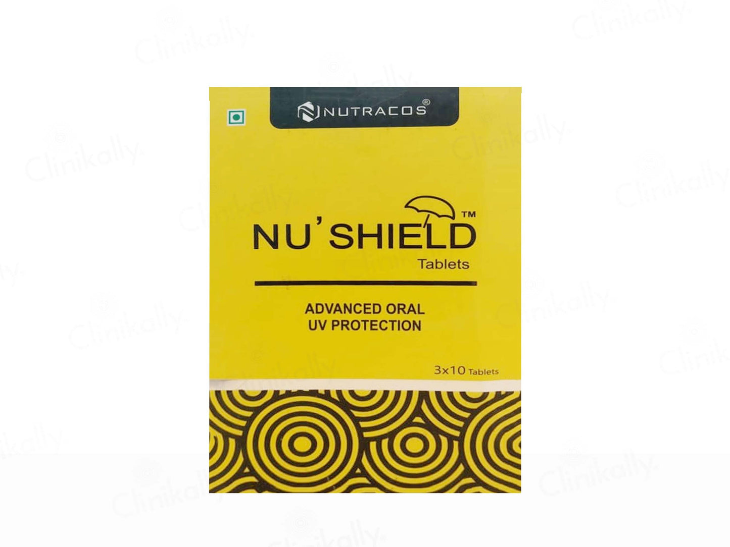 Nu'Shield tablets packaging with Nutracos branding on a white background