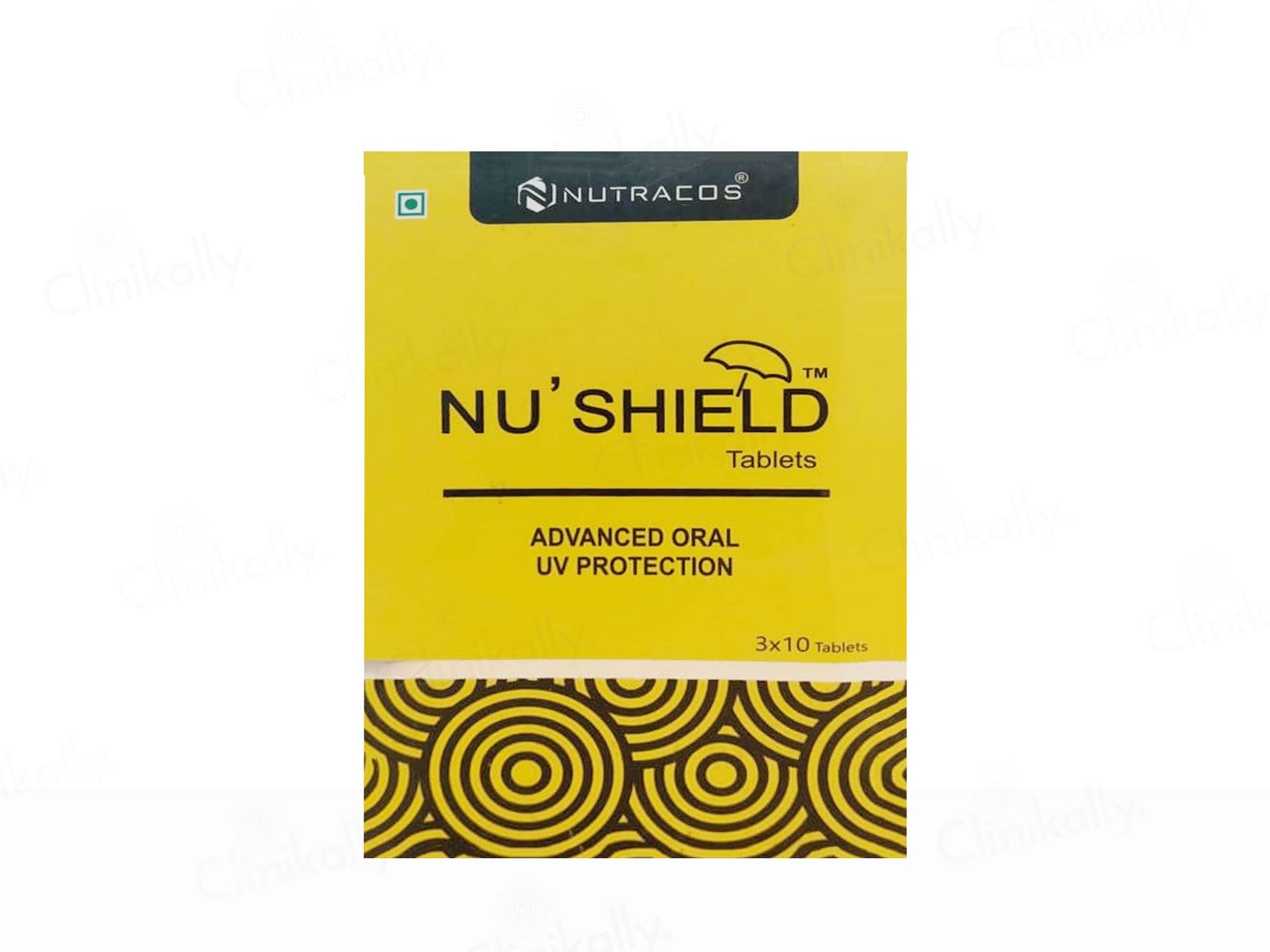 Nu'Shield tablets packaging with Nutracos branding on a white background