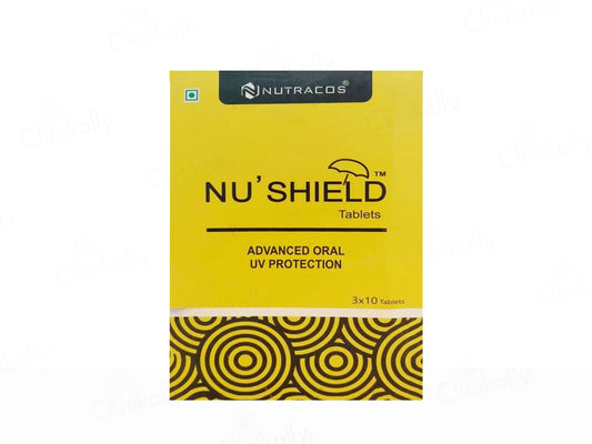 Nu'Shield tablets packaging with Nutracos branding on a white background