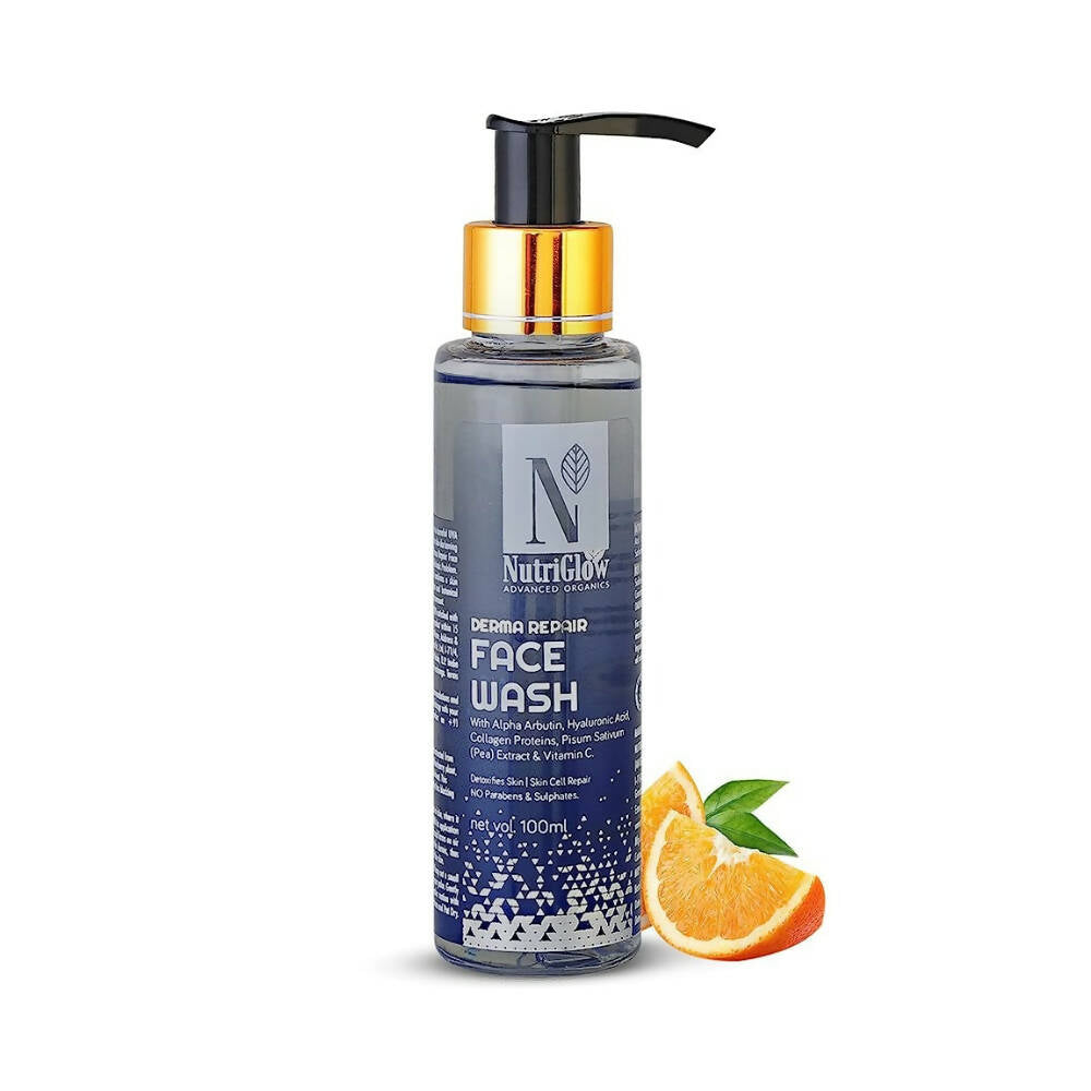 Bottle of Nutriclic face wash with an orange slice on a white background
