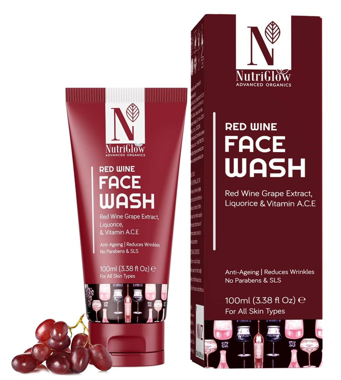 NutriGlow Red Wine Face Wash with packaging and grapes on a white background