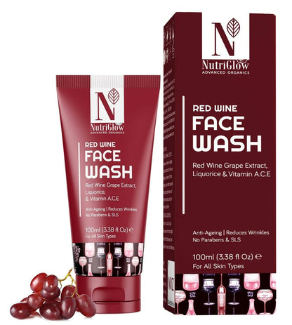 NutriGlow Red Wine Face Wash with packaging and grapes on a white background