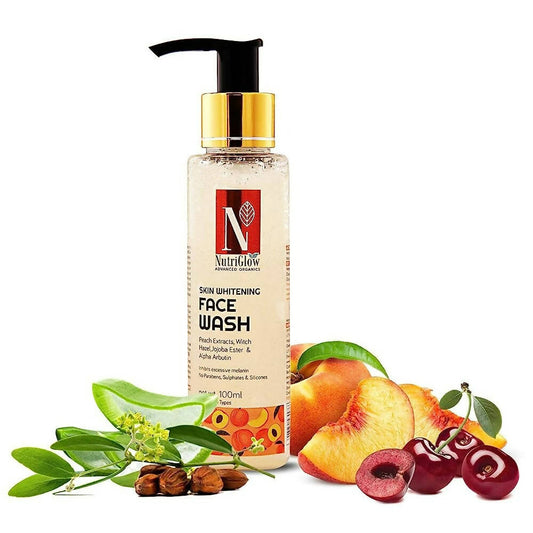 Nutriglow skin whitening face wash bottle with fruits and herbs on a white background