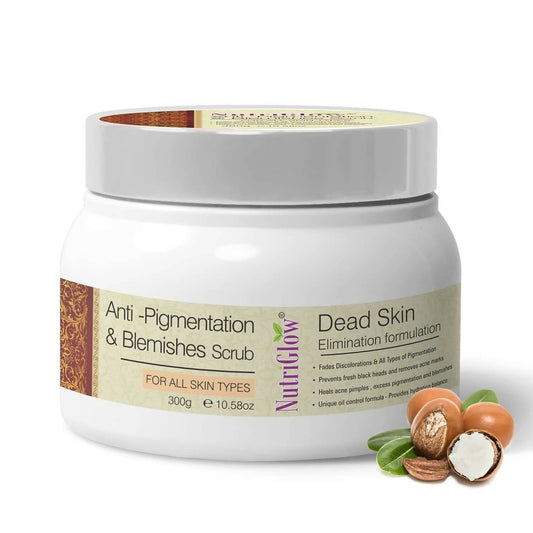 Jar of NutriGlow Dead Skin Elimination scrub with ingredients on a white background