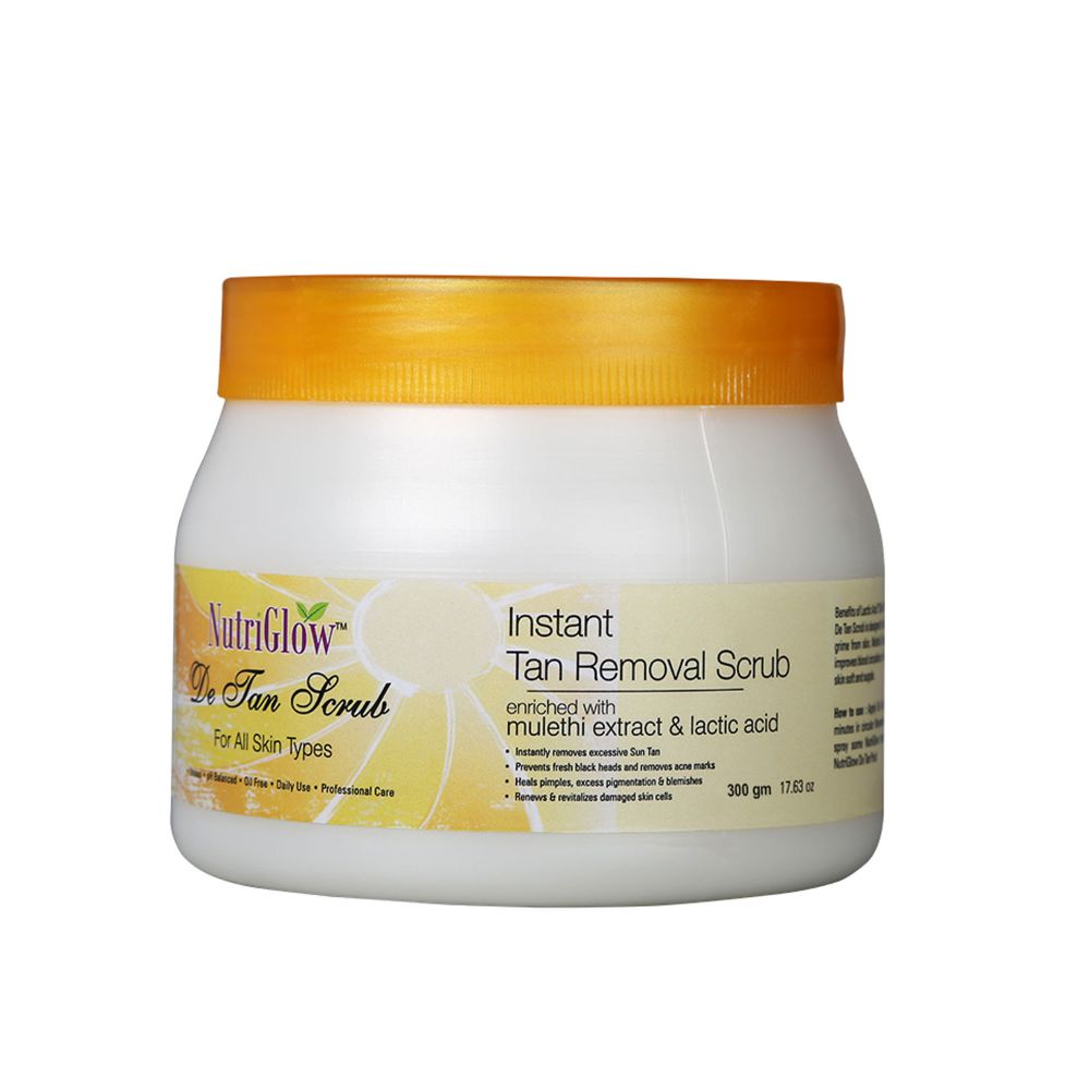 Jar of NutriGlow Instant Tan Removal Scrub with a gold lid on a white background