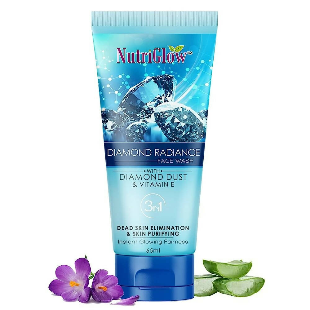 NutriGlow Diamond Radiance Face Wash tube with ice cubes, flowers, and aloe vera slices on a white background