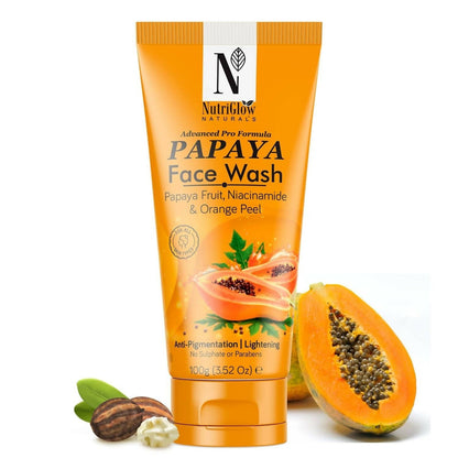Tube of NutriGlow Naturals Papaya Face Wash with papaya fruit and ingredients on a white background