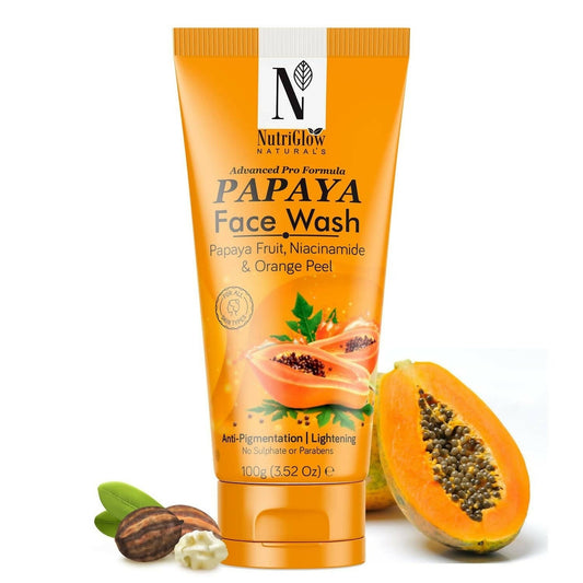 Tube of NutriGlow Naturals Papaya Face Wash with papaya fruit and ingredients on a white background