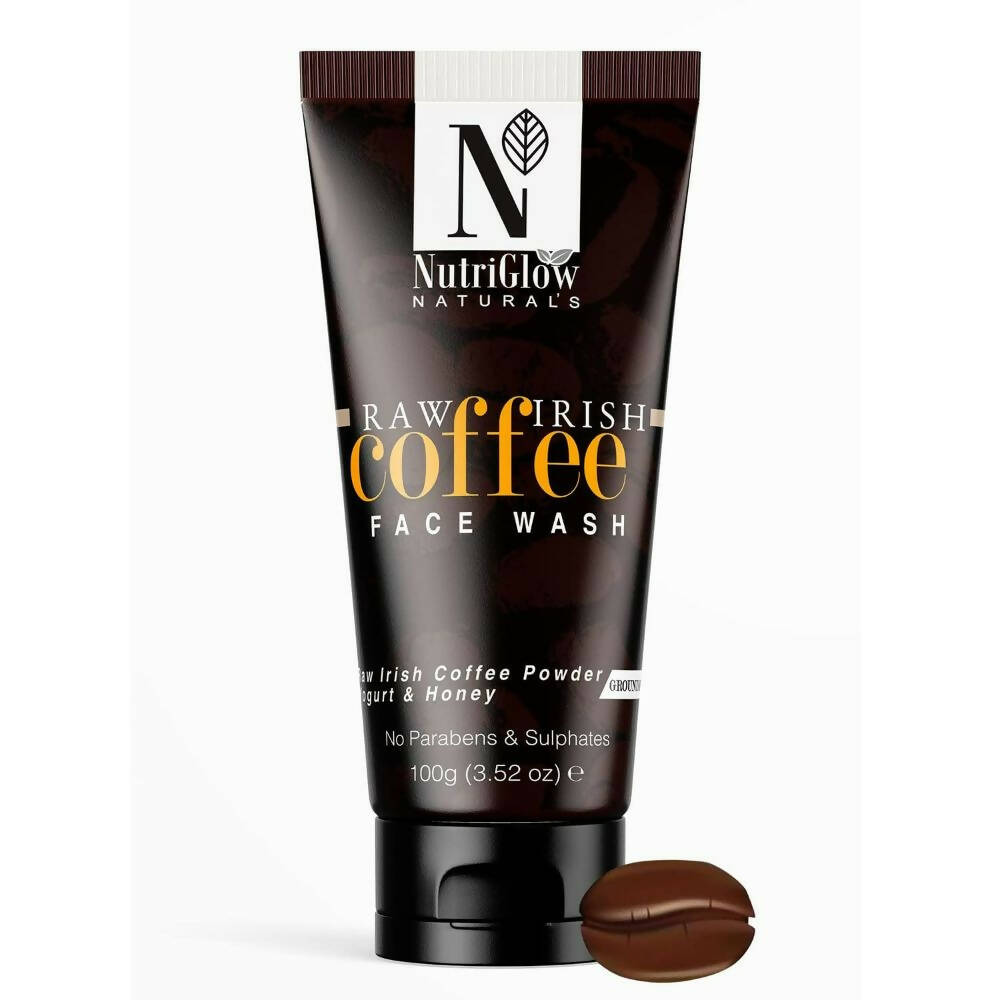 Tube of NutriGlow Naturals Raw Irish Coffee Face Wash with a coffee bean on a white background