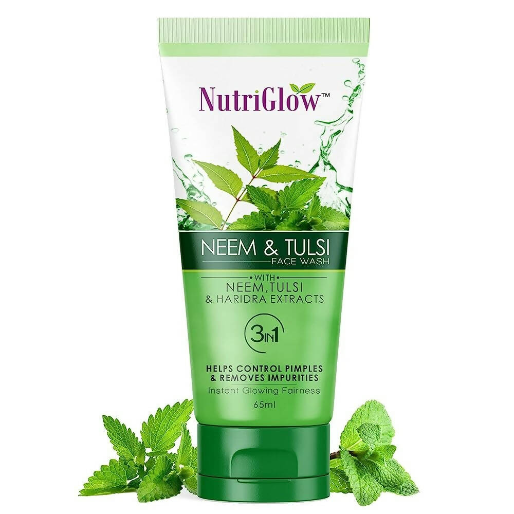 NutriGlow Neem & Tulsi face wash tube with green leaves on a white background