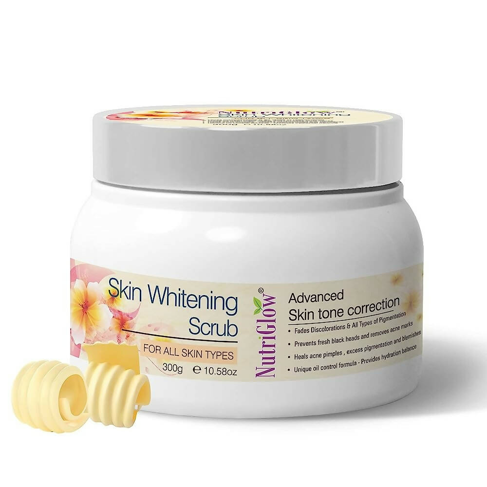 Jar of NutriGlow Skin Whitening Scrub with a white background