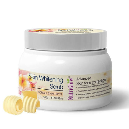 Jar of NutriGlow Skin Whitening Scrub with a white background