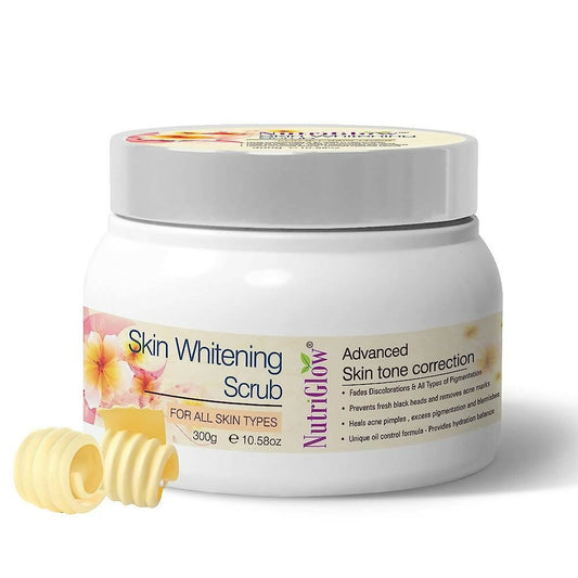 Jar of NutriGlow Skin Whitening Scrub with a white background